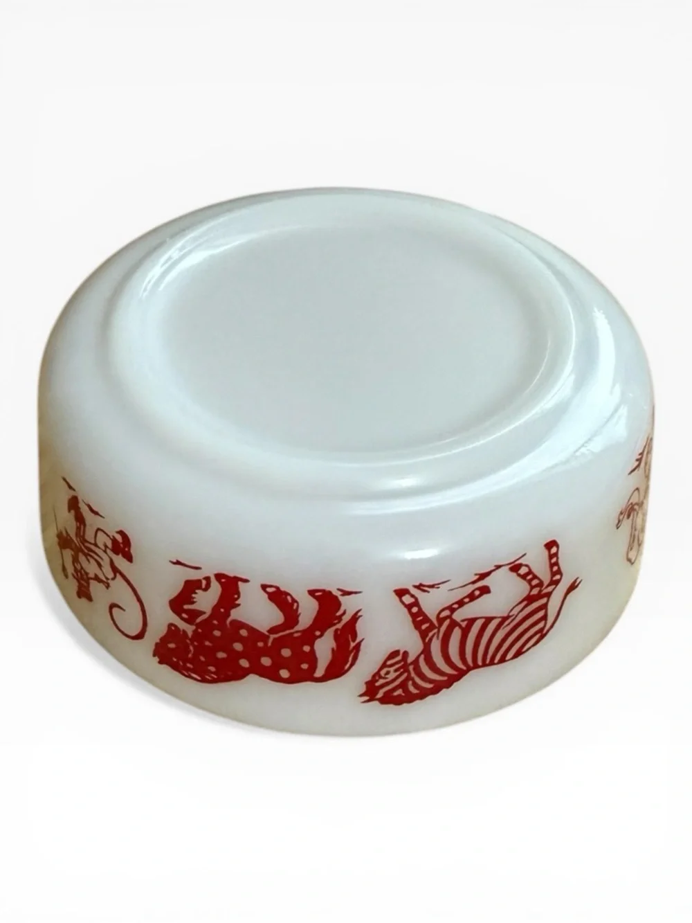 Vintage Hazel-Atlas Milk Glass Bowl Featuring A Red Circus Animal Pattern